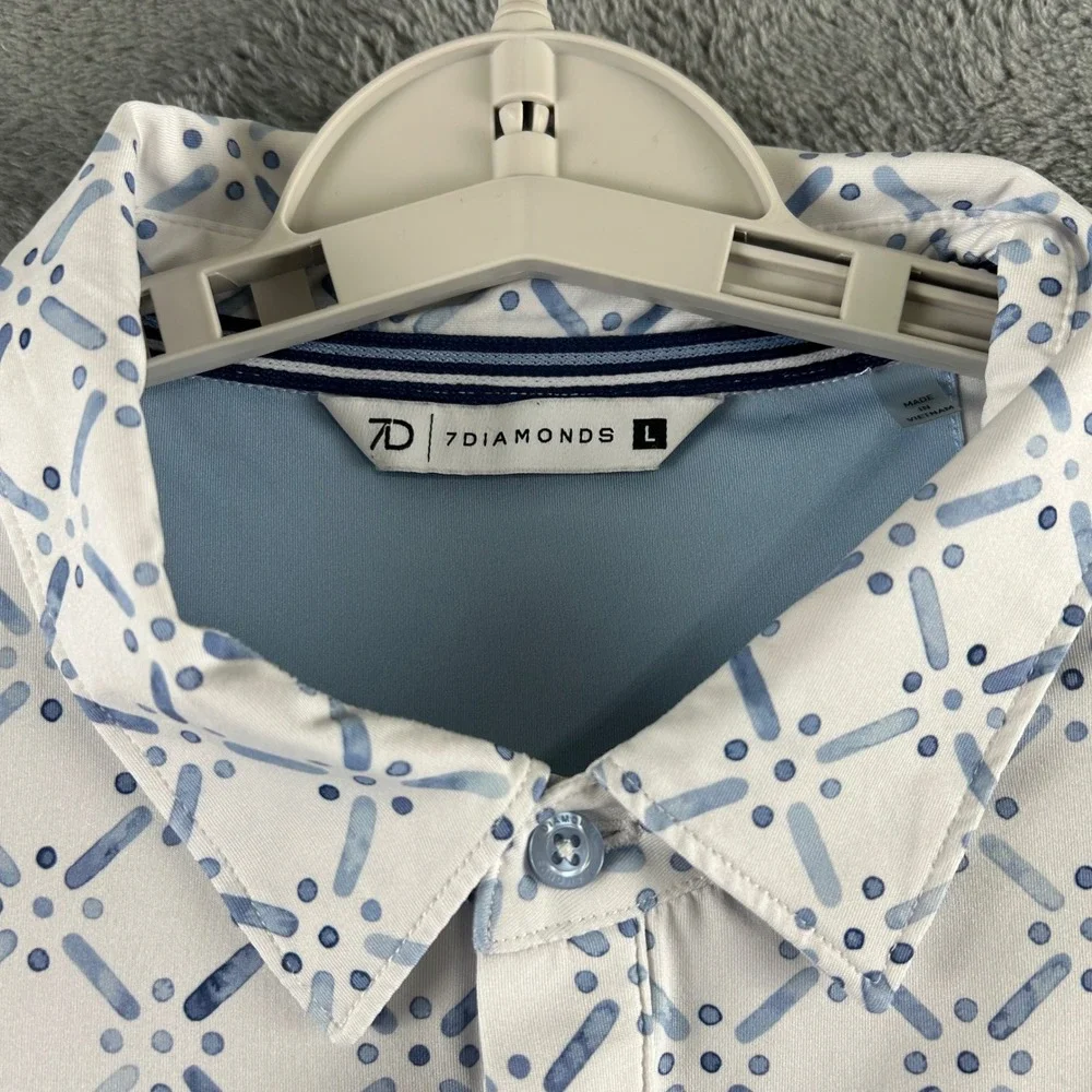 7 Diamonds Marbella Mens Large Blue White Geometric 4-Way Stretch Golf Polo - Picture 3 of 9